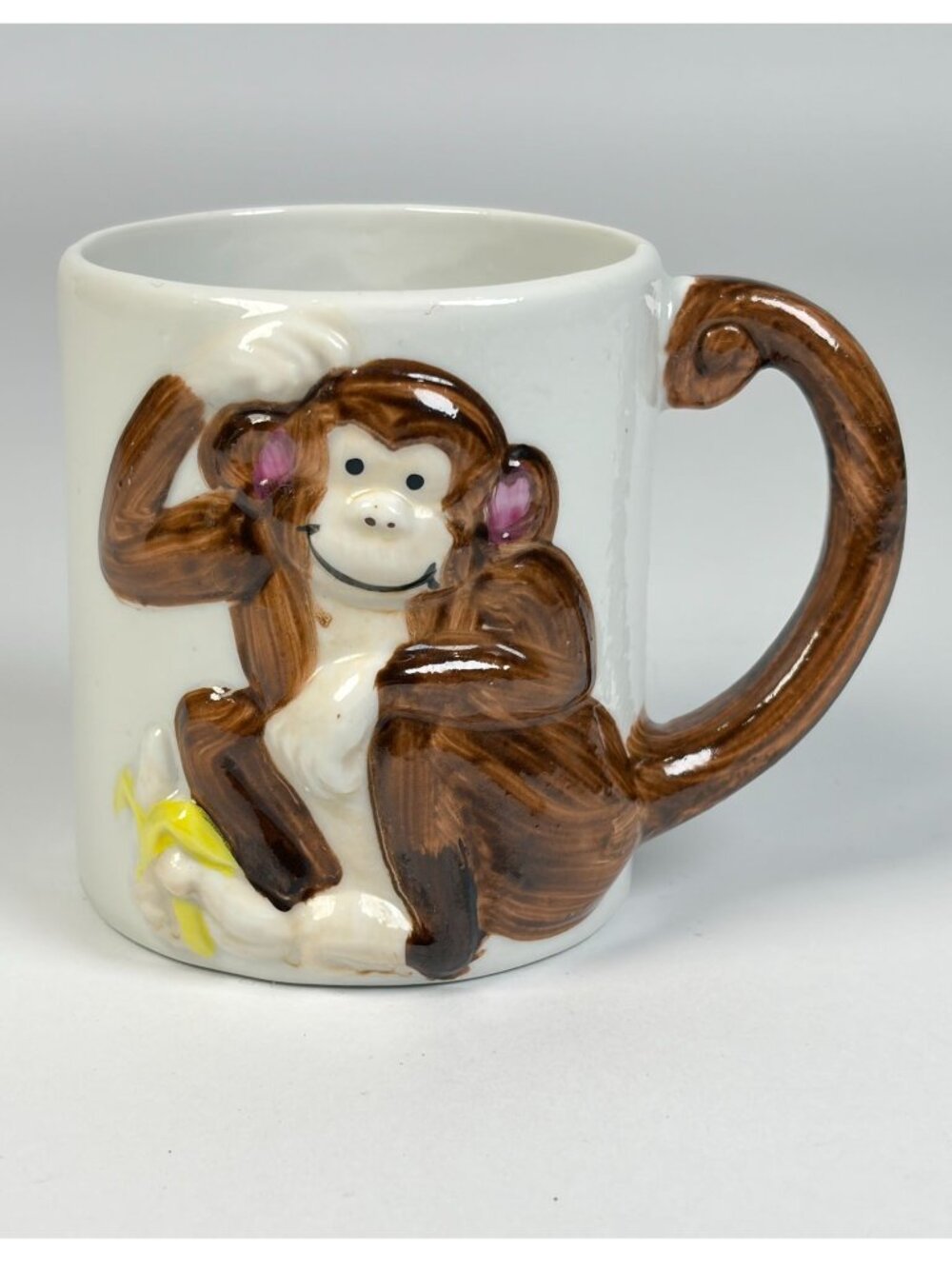 Vintage J.S.N.Y. Monkey Ceramic Coffee Mug 3D Design Curved Tail Handle